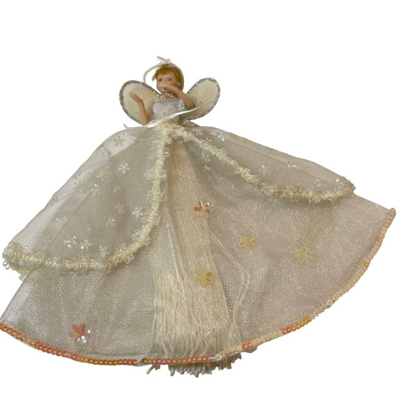Vintage Handmade Tassel Angel Figurine with Glitter Wings & White Dress - Picture 3 of 9